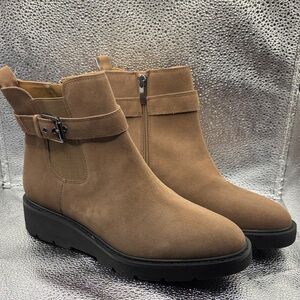 Franco Sarto Camel Suede Ankle Boots with Buckle Strap